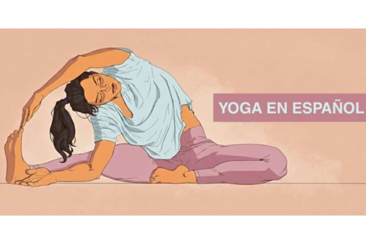 Illustration of a person performing a side-bend yoga stretch with 'YOGA EN ESPAÑOL' on a pink banner.