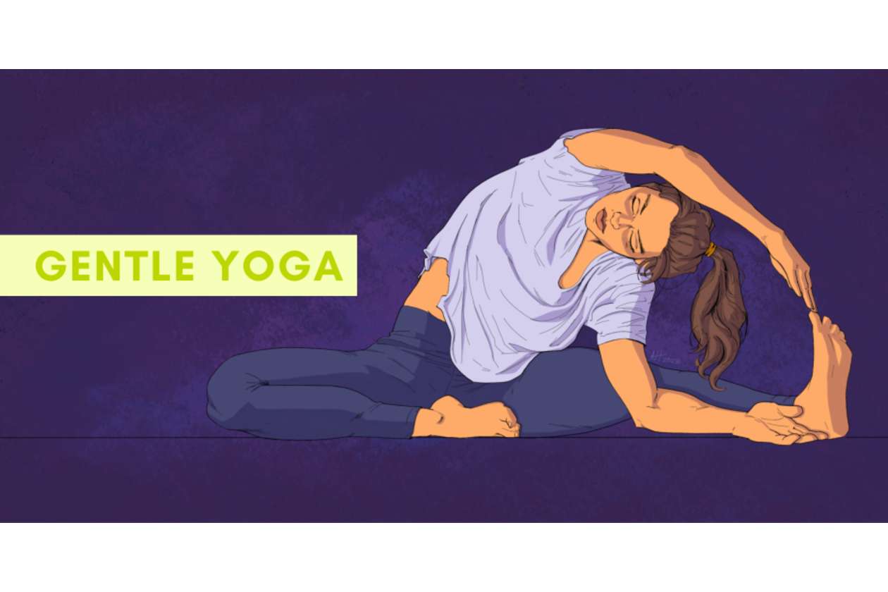 Illustration of two people performing a gentle yoga side bend on a purple background, with 'GENTLE YOGA' text on the left.
