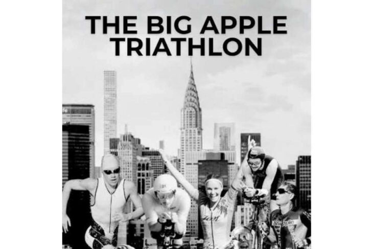 Poster reading 'The Big Apple Triathlon' with five athletes posing on a rooftop above the New York City skyline, Chrysler Building in view (black-and-white).