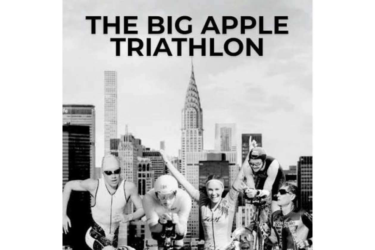 Poster reading 'The Big Apple Triathlon' with five athletes posing on a rooftop above the New York City skyline, Chrysler Building in view (black-and-white).