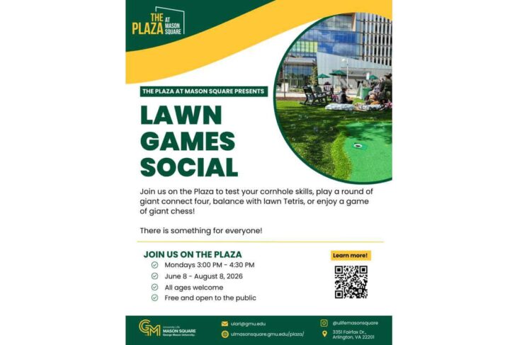Poster for Lawn Games Social at The Plaza at Mason Square with bold green text and a circular photo of people relaxing on a lawny area nearby buildings, in green and yellow colors.