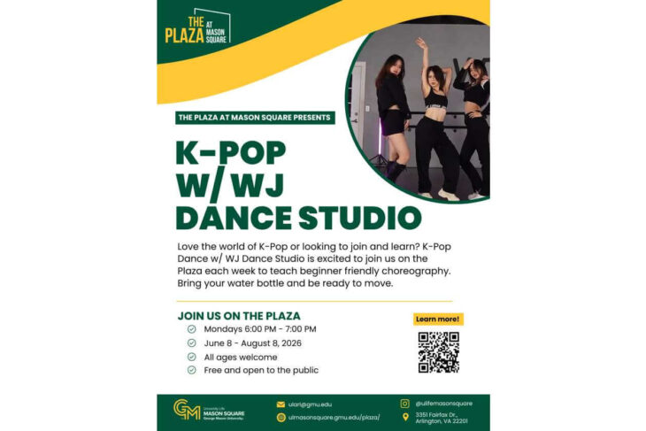Poster advertising K-Pop w/ WJ Dance Studio at The Plaza; shows three dancers, bold green title, event times and a QR code for more info.