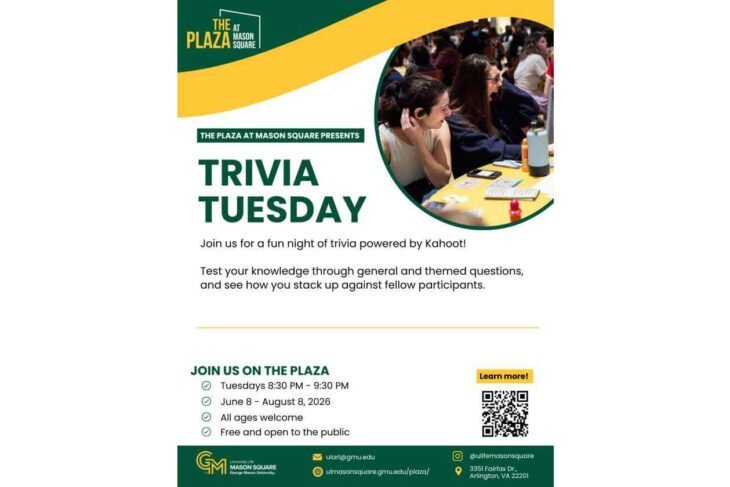 Trivia Tuesday poster for The Plaza at Mason Square; Kahoot trivia on Tuesdays 8:30–9:30 PM, June 8–August 8, 2026; all ages, free, Learn more via QR code.