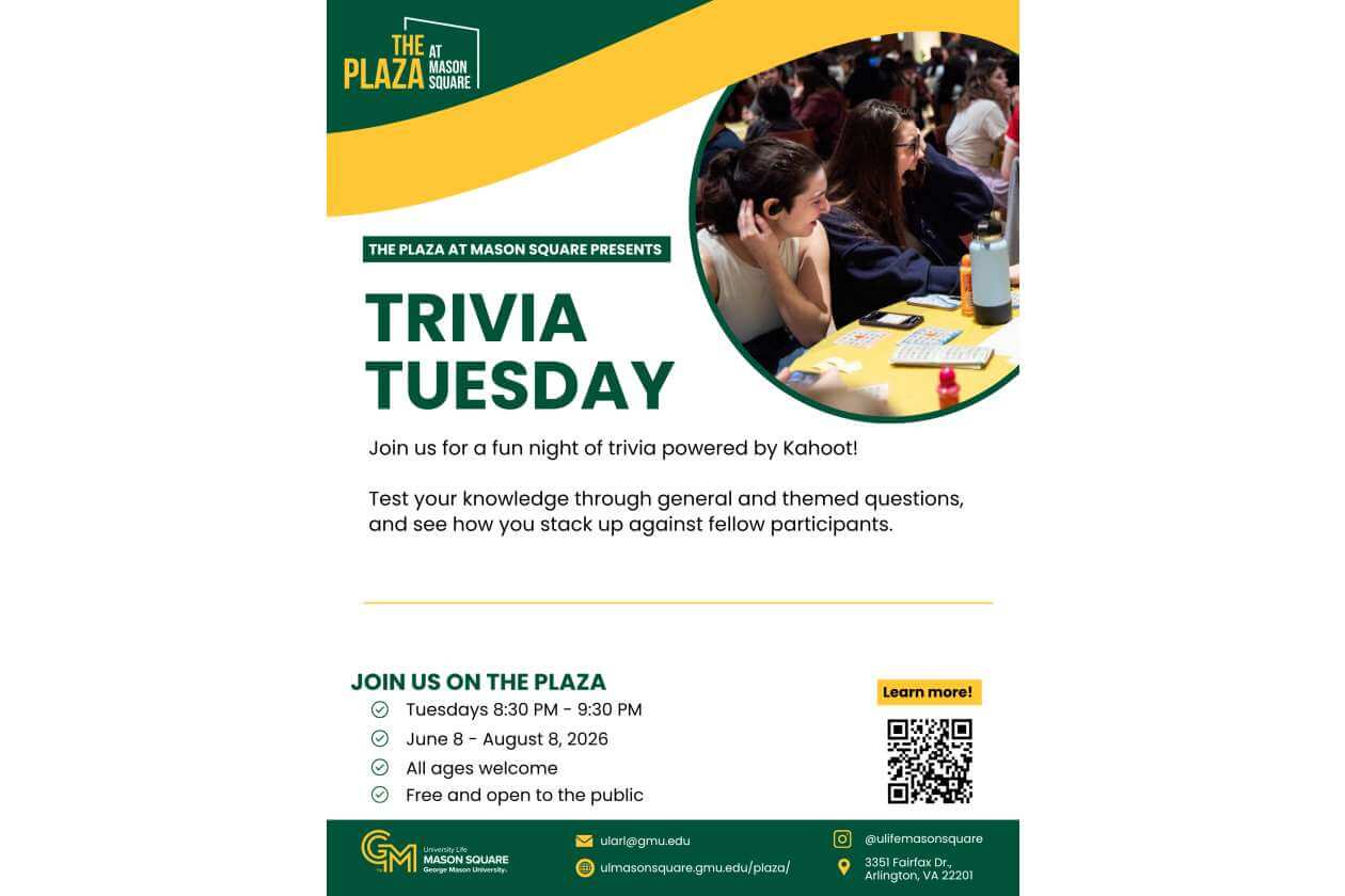 Trivia Tuesday poster for The Plaza at Mason Square; Kahoot trivia on Tuesdays 8:30–9:30 PM, June 8–August 8, 2026; all ages, free, Learn more via QR code.
