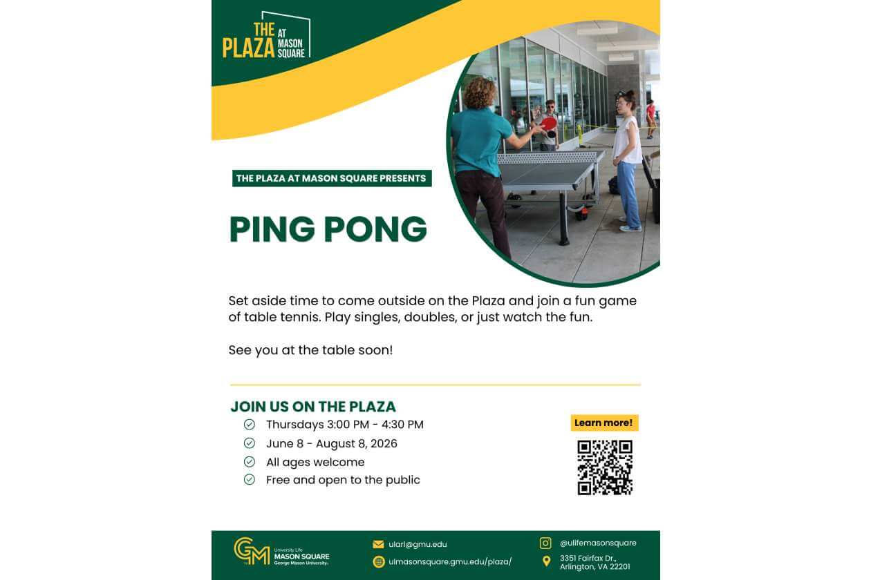 Poster for Ping Pong at The Plaza at Mason Square; people playing table tennis and event details shown.
