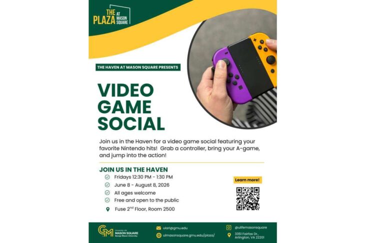 Poster for 'Video Game Social' at The Haven, Mason Square, featuring Nintendo Switch games; event details and QR code included.