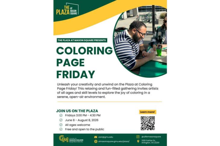 Poster for Coloring Page Friday at The Plaza at Mason Square; man drawing at a table with green art supplies.