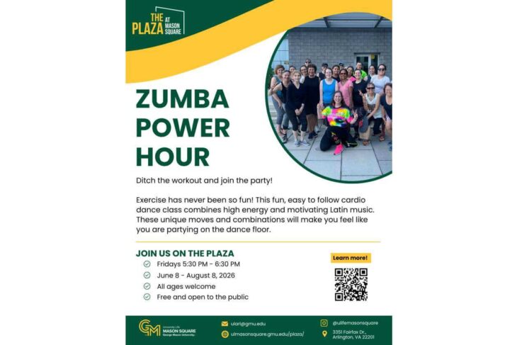 Poster for a Zumba Power Hour event at The Plaza at Mason Square featuring a group photo in front of a building, with bold green text reading 'ZUMBA POWER HOUR' and a subtitle inviting people to join the party.