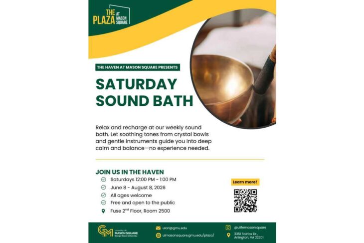 Poster for a Saturday Sound Bath event at The Haven at Mason Square, with event details and QR code screenshot-style layout.