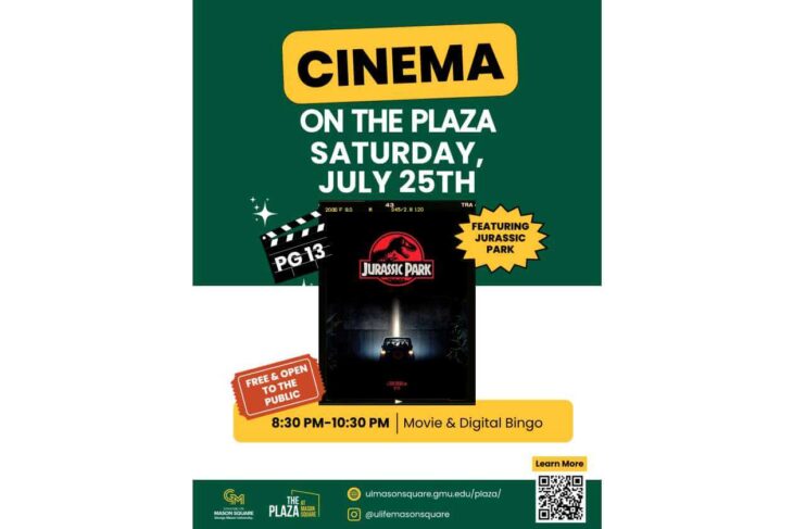 Poster advertising Cinema on the Plaza: Jurassic Park screening July 25, 8:30–10:30 PM, free and open to the public.