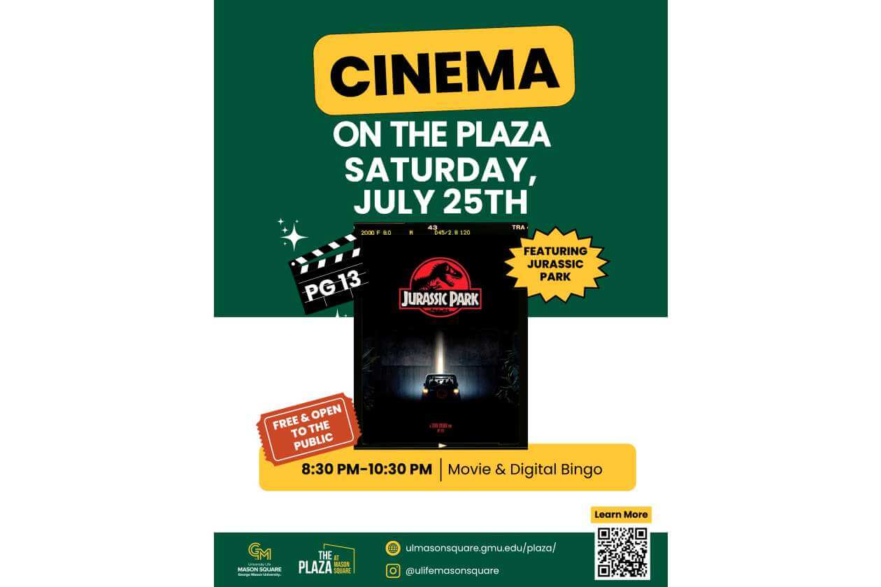 Poster advertising Cinema on the Plaza: Jurassic Park screening July 25, 8:30–10:30 PM, free and open to the public.