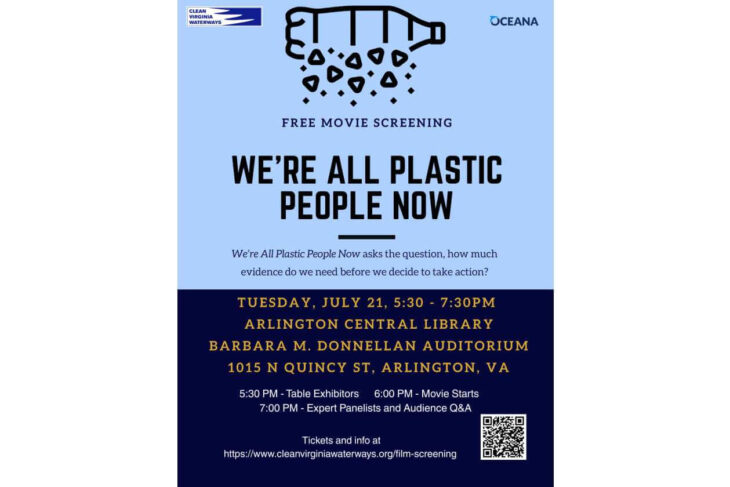 Poster advertising a free movie screening titled "We’re All Plastic People Now" with event details at Arlington Central Library, July 21, 5:30–7:30 PM.