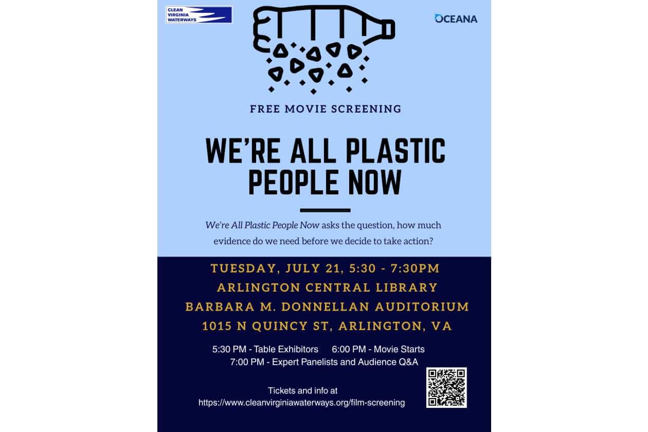 Poster advertising a free movie screening titled "We’re All Plastic People Now" with event details at Arlington Central Library, July 21, 5:30–7:30 PM.