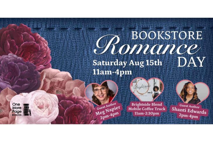Romance Day banner: blue textured background, large 'Romance Day' text, flowers on left and three heart-shaped speaker cards with authors and times.