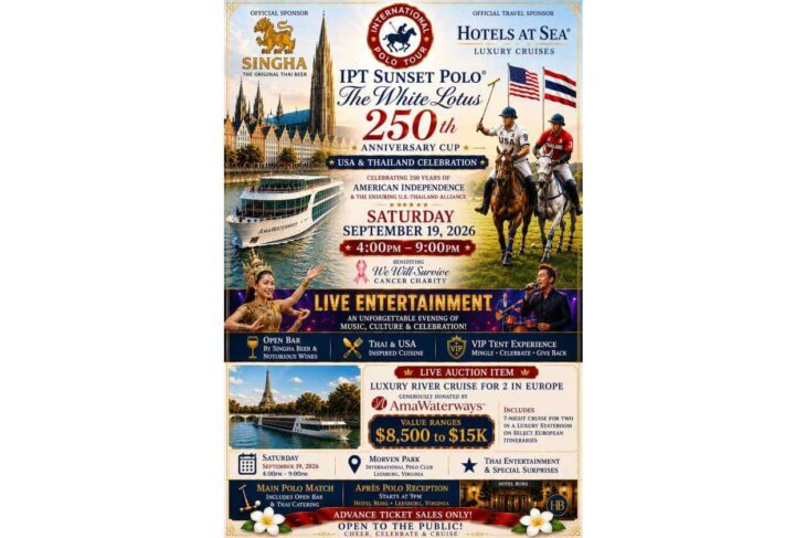 Event poster for IPT Sunset Polo The White Lotus 250th Anniversary Cup with horse riders, a ship on the river, and festive banners (charity event).