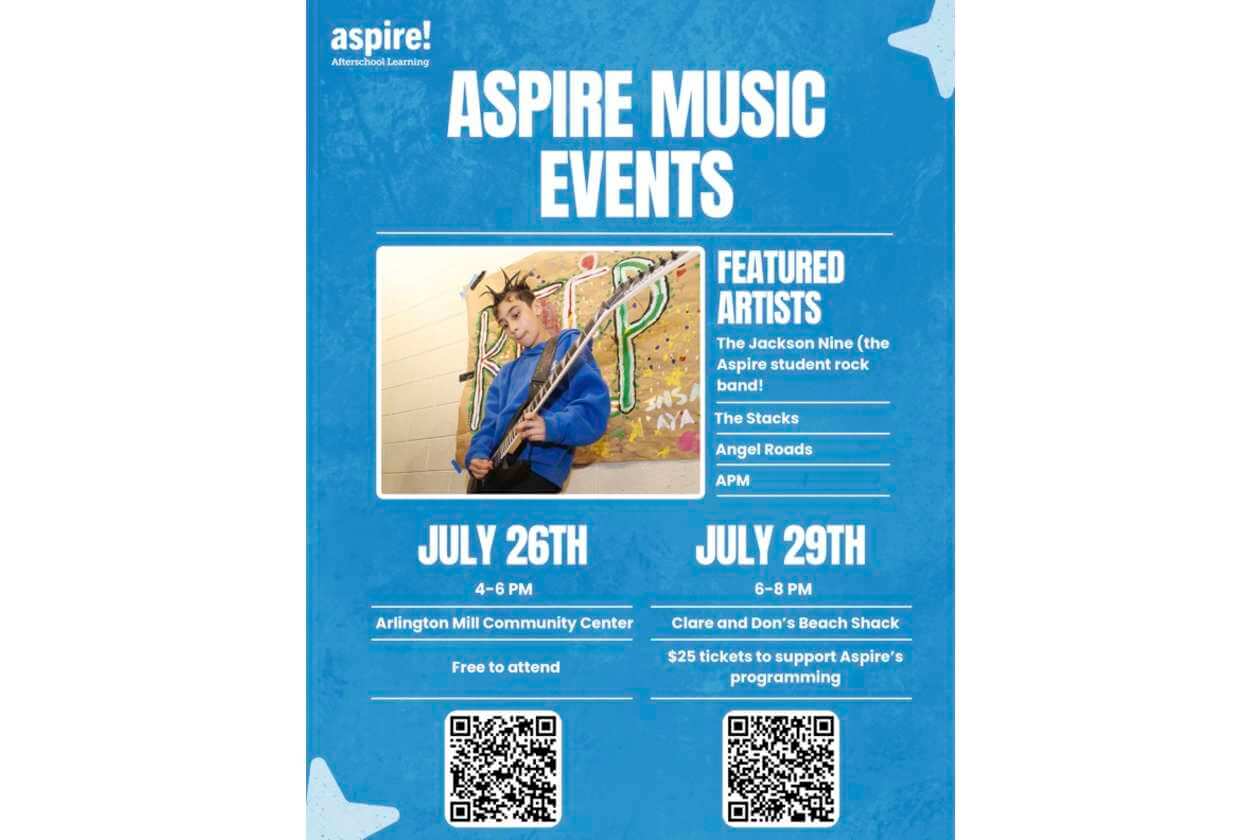 Blue Aspire Music Events poster with a guitarist photo, listing featured artists and dates, plus two QR codes.
