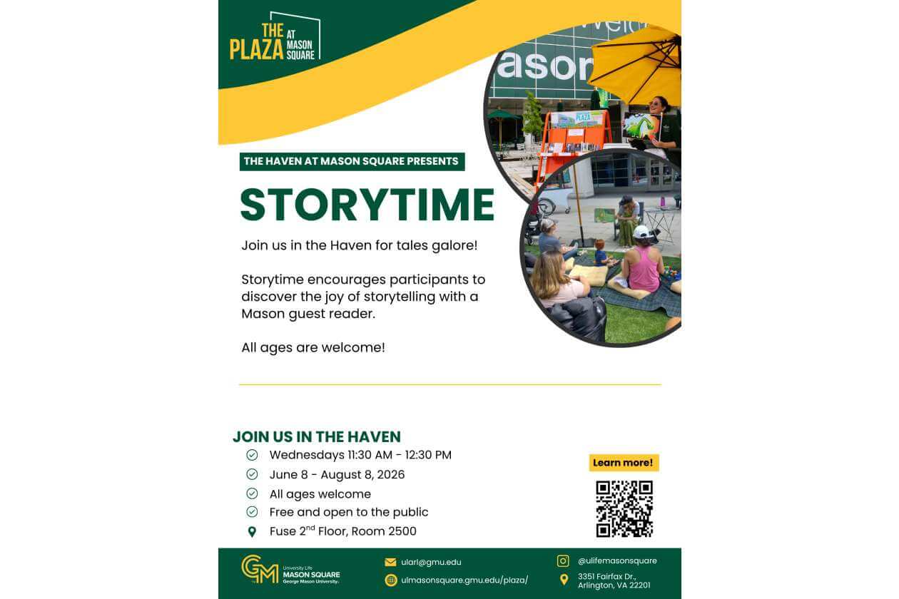 Poster for STORYTIME at The Haven Mason Square, inviting all ages to join for storytelling with a collage of outdoor scenes and participants.