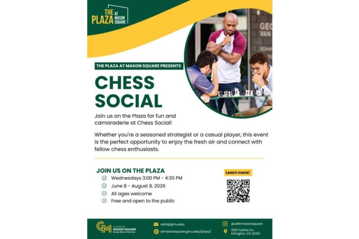 Poster for Chess Social at The Plaza at Mason Square; shows group of people playing chess and bold green text 'Chess Social' with event details and QR code for more information, free and open to all ages.
