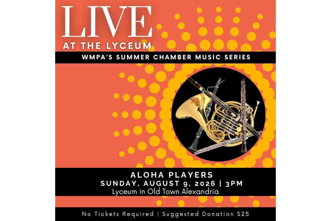 Promotional poster for 'Live at the Lyceum' showing brass instruments in a circular motif and event details for the Aloha Players concert in Old Town Alexandria.