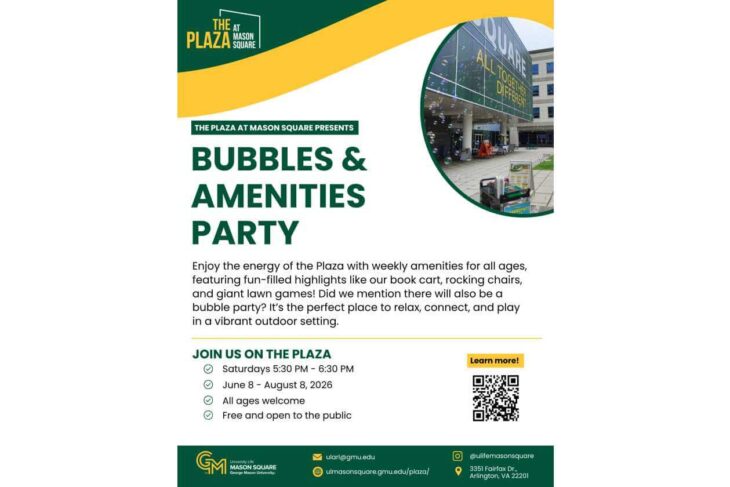 Poster for Bubbles & Amenities Party at The Plaza, Mason Square, with large green title text and a circular photo of the plaza; includes event details and a QR code for more information.