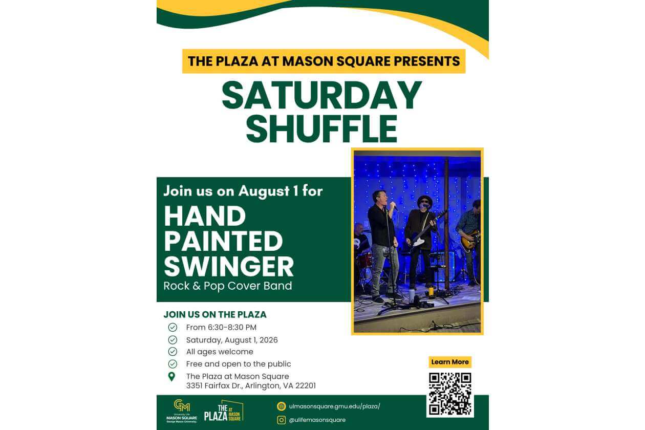 Poster advertising Saturday Shuffle at The Plaza at Mason Square featuring the Hand Painted Swinger band; includes venue and date details with a band photo to the right.
