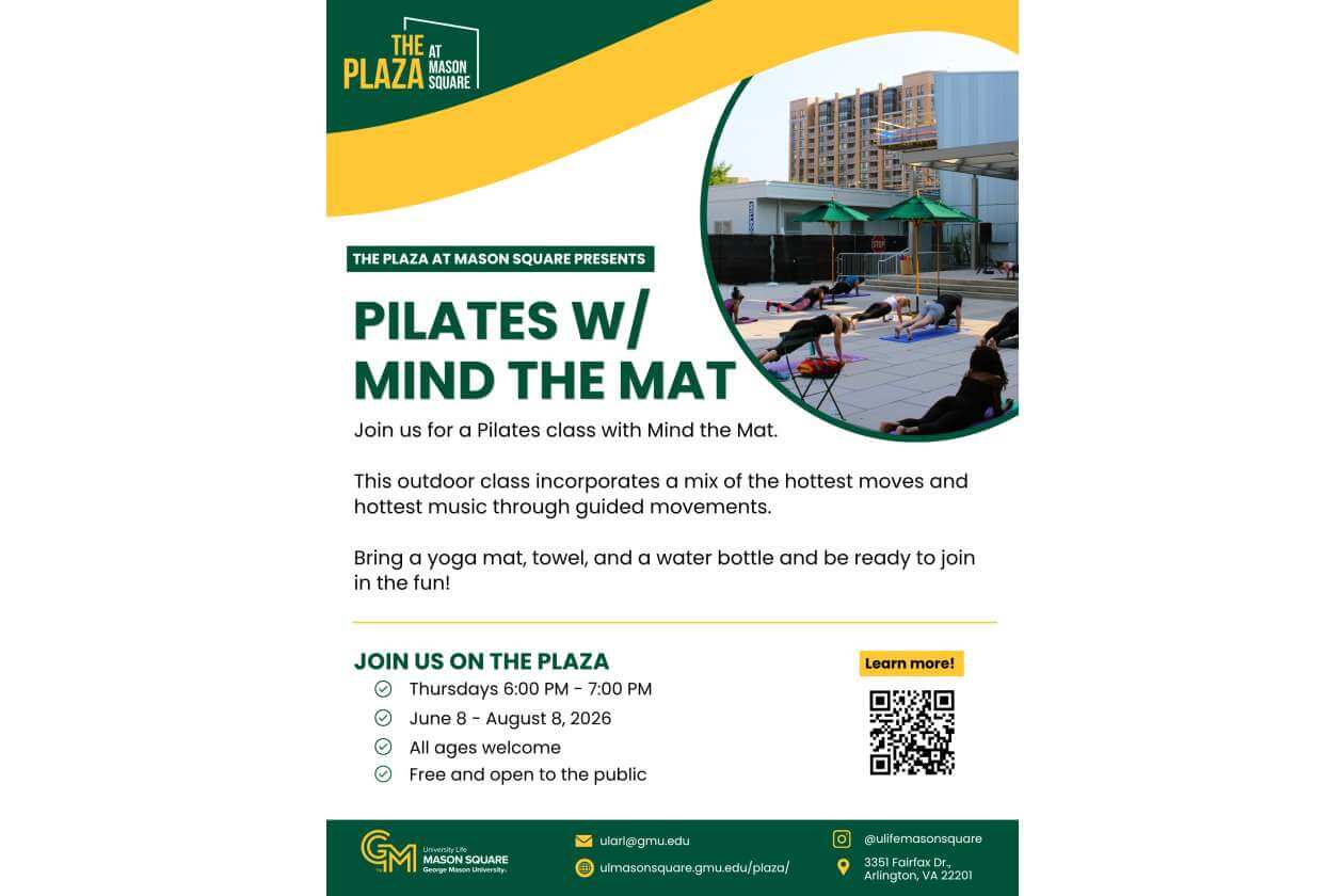 Flyer announcing Pilates w/ Mind the Mat at The Plaza at Mason Square, with outdoor yoga image and a QR code for more info.