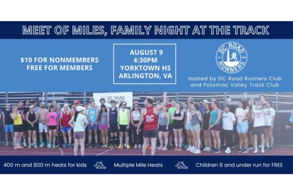 Group of runners on a track for a Meet of Miles family night banner with date, location, and DC Road Runners Club logo in blue tones on top and bottom banners.
