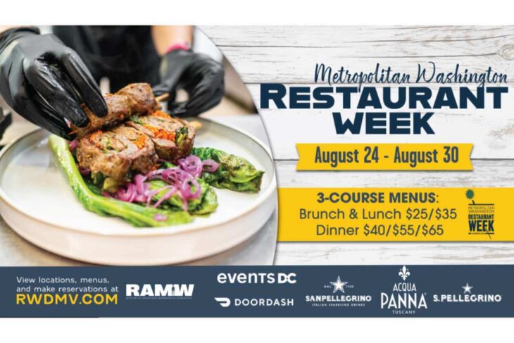 Plate of grilled steak with greens and pickled onions on the left; banner text on right reads Metropolitan Washington Restaurant Week, August 24–30, with 3-course menus.