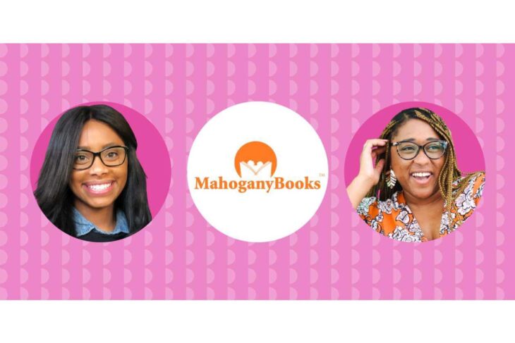 Banner with two women’s portrait circles on either side of the white circle containing the orange Mahogany Books logo on a pink patterned background, left and right aligned.