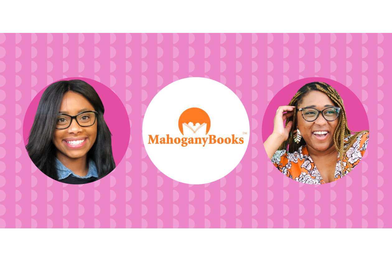Banner with two women’s portrait circles on either side of the white circle containing the orange Mahogany Books logo on a pink patterned background, left and right aligned.