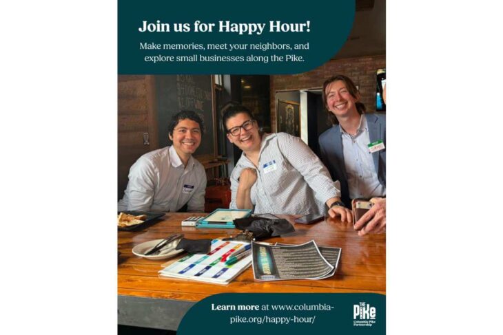 Three people sit at a wooden bar smiling for a Happy Hour promotion, with a teal banner above reading 'Join us for Happy Hour!'.