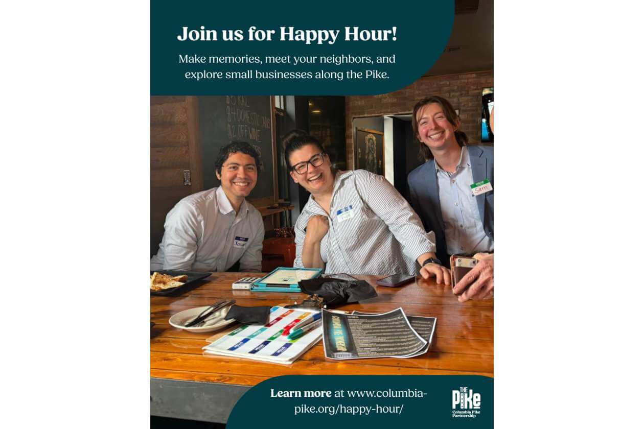 Three people sit at a wooden bar smiling for a Happy Hour promotion, with a teal banner above reading 'Join us for Happy Hour!'.