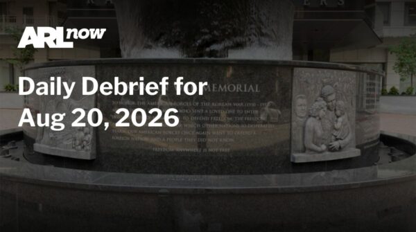 Branding and title card: ARL Now Daily Debrief for Aug 20, 2026 over a stone memorial fountain.