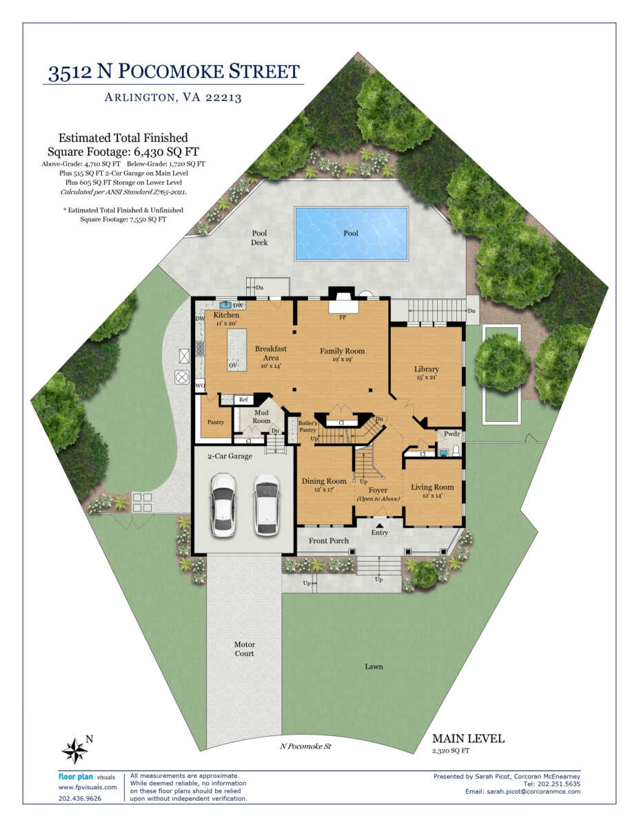 Main level floor plan of a house showing rooms (foyer, dining, living, library, family room), kitchen, two‑car garage, mud room, and outdoor features (front porch, motor court, lawn, pool). Address at top: 3512 N Pocomoke Street, Arlington, VA.