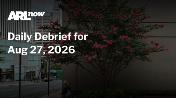 Hero banner for ARL Now: 'Daily Debrief for Aug 27, 2026' over a city street with a pink-blossomed tree.