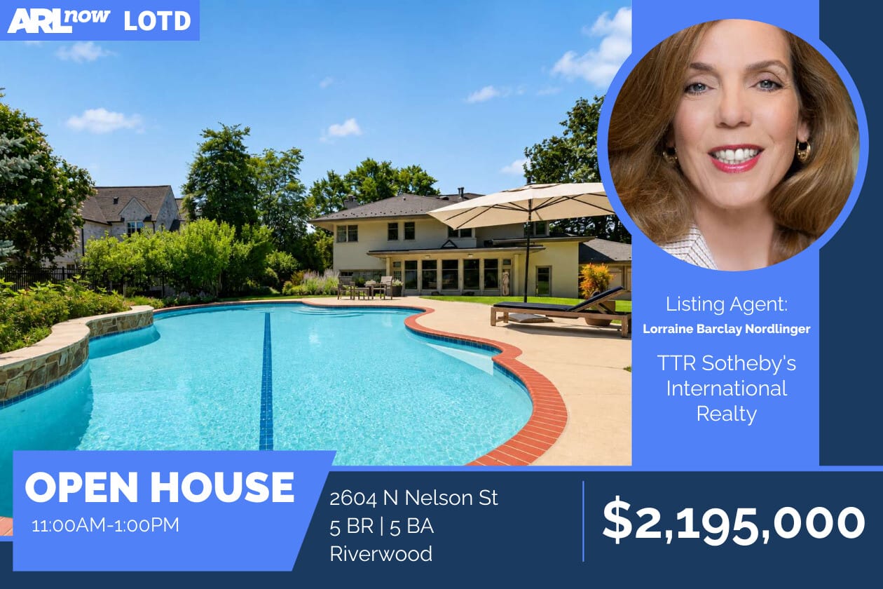 Open house ad: backyard pool scene with home, overlay shows agent photo and listing details, price $2,195,000, address 2604 N Nelson St, Riverwood, open 11:00AM-1:00PM