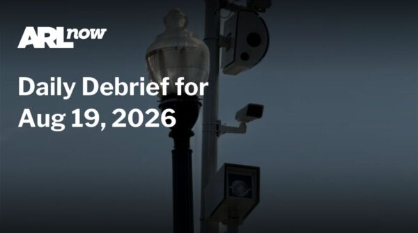ARL now banner: 'Daily Debrief for Aug 19, 2026' over a dark background with a street lamp and security camera.