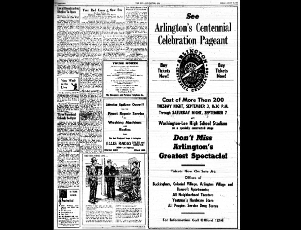 Newspaper advertisement for Arlington's Centennial Celebration Pageant at Washington-Lee High School Stadium with ticket info and event details.