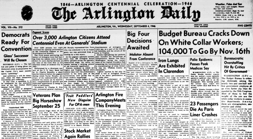 Front page of The Arlington Daily (Sept. 4, 1946) covering centennial celebration and local news headlines including politics and public health.