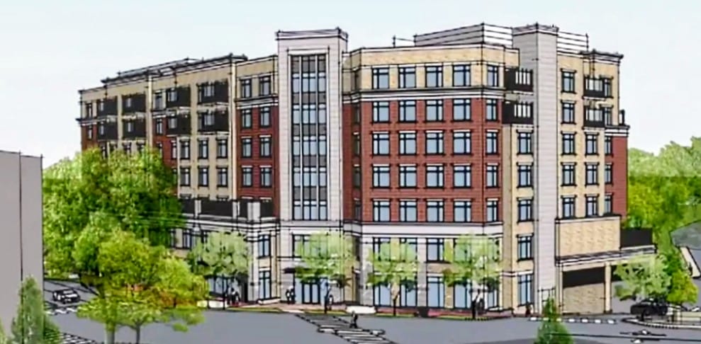 Illustrated multi-story brick-and-glass building with retail on the ground floor, surrounded by trees and pedestrians.