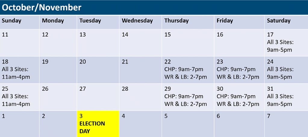 Extended voting hours and locations in addition to regular early voting at the Ellen M. Bozman Government Center (via Arlington Office of Elections) | ARLnow Calendar page titled 'October/November' with a grid of days; Election Day on Tuesday the 3rd is highlighted in bright yellow.