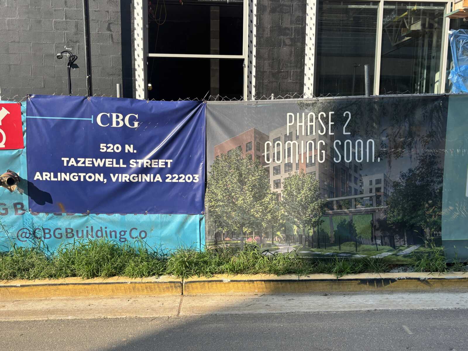 Construction banner for CBG Building Co. at 520 N. Tazewell St, Arlington, VA—Phase 2 coming soon.