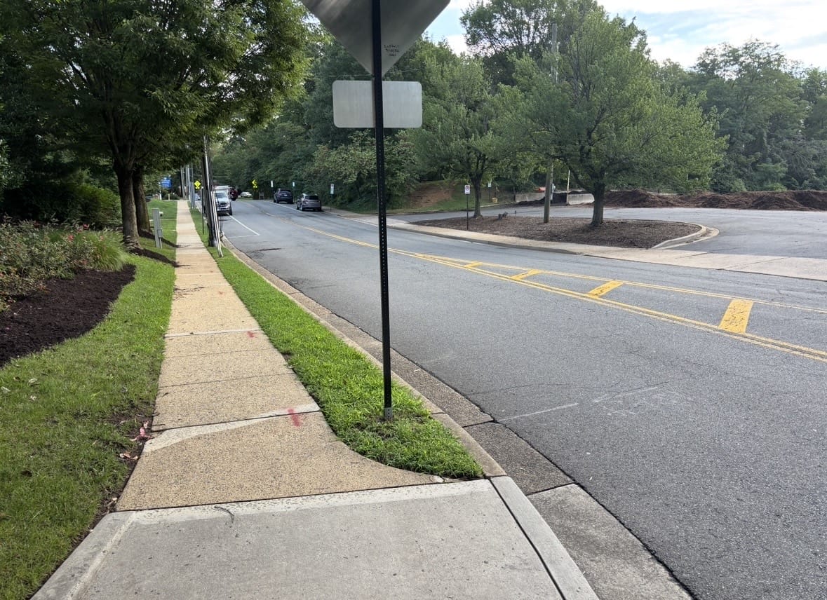 Sidewalk runs along a tree-lined street with a grassy strip; a signpost with blank white signs stands near the curb, while a road with yellow center lines curves ahead and a dirt construction area is to the right.