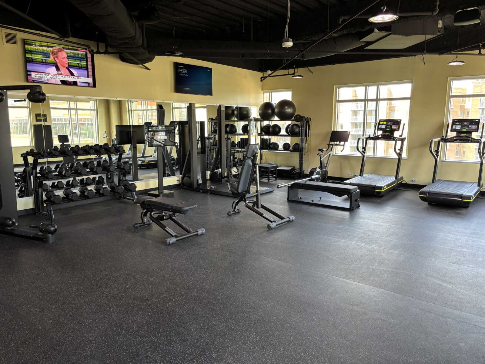 Fully equipped gym with free weights, benches, and cardio machines near a mirrored wall and large windows.