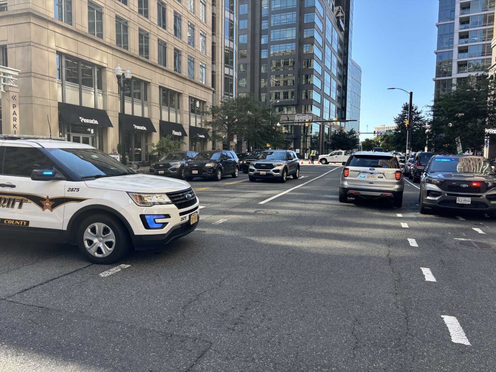 City street scene with police SUVs and cars stopped in traffic; white sheriff SUV with blue lights in foreground.