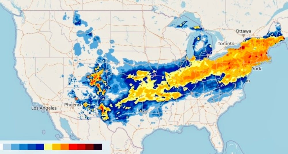 Impacts of late-January 2026 storm across U.S. (via National Weather Service) | ARLnow Weather map of the U.S. showing rainfall intensity; blue indicates lighter rain, yellow to orange heavier rainfall, with dense bands from the Midwest to the Northeast and a color legend at the bottom left.