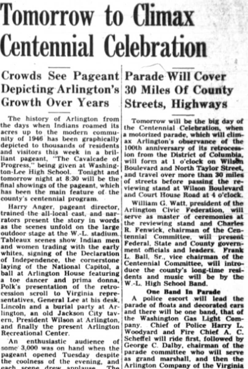 Newspaper headline announcing Arlington's Centennial Celebration with parade and pageant details for tomorrow.