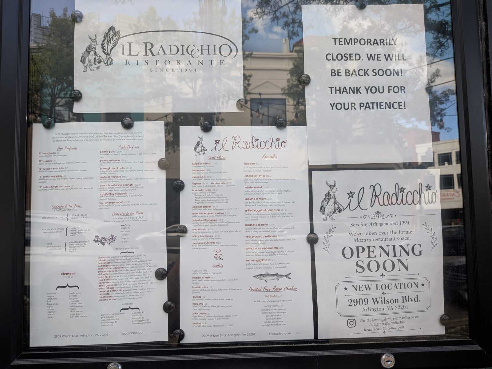 Restaurant window displaying Il Radicchio menus and a 'Temporarily Closed' notice; announces opening soon at 2909 Wilson Blvd, Arlington, VA.