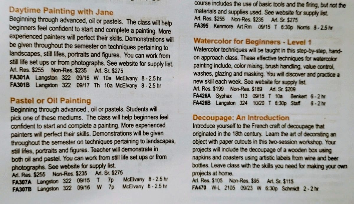 Portion of Arlington Community Learning fall catalog with fee schedule flipped (staff photo) | ARLnow Page excerpt listing painting classes: Daytime Painting with Jane, Pastel or Oil Painting, Watercolor for Beginners, Level 1, and Decoupage: An Introduction with brief descriptions and prices.