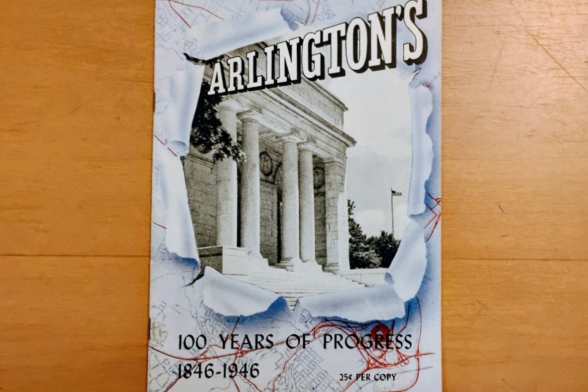 Book cover titled Arlington's, showing a neoclassical stone building with columns; reads 100 Years of Progress 1846-1946.